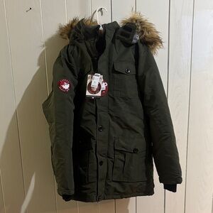 Men's Dark Green Parka with Fur Trim Hood